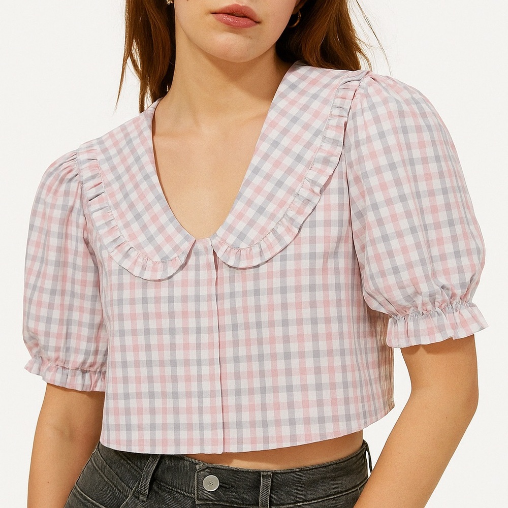 French Connection Yaki Check Crop Shirt Puff Sleeve Collar Pink Gingham Small